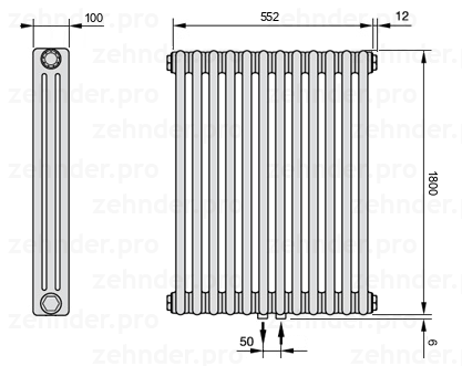 Схема (чертеж) Радиатор Zehnder Charleston 3180/12 №5410 Белый глянцевый RAL 9016
